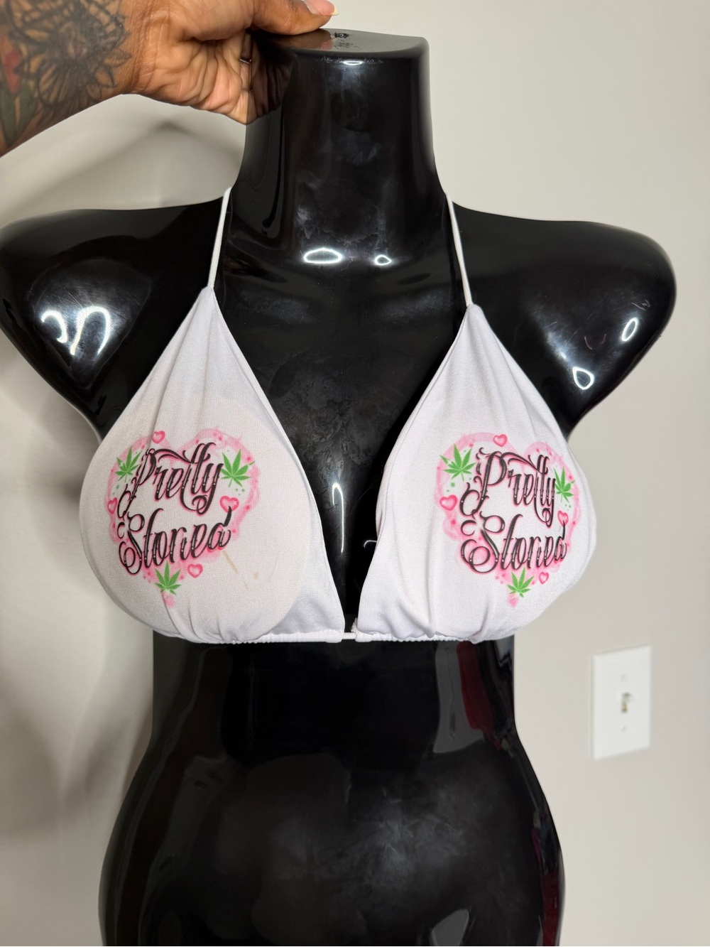 White Triangle Bikini Top with 'Pretty Stoned' Graphic